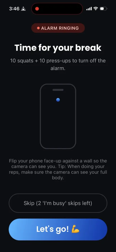 DeskFit break alarm screen