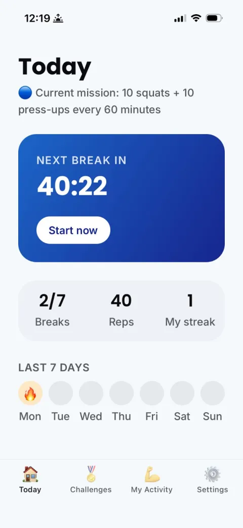 DeskFit today dashboard