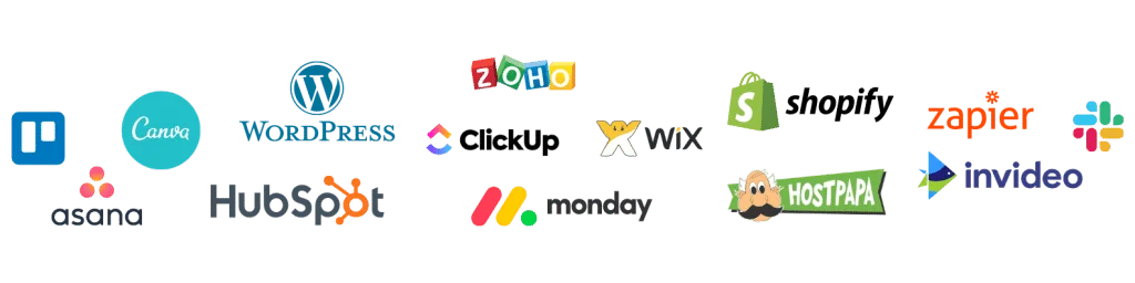 Tools Stewart reviews and teaches, including WordPress, Wix, Shopify, HubSpot, Canva and ClickUp
