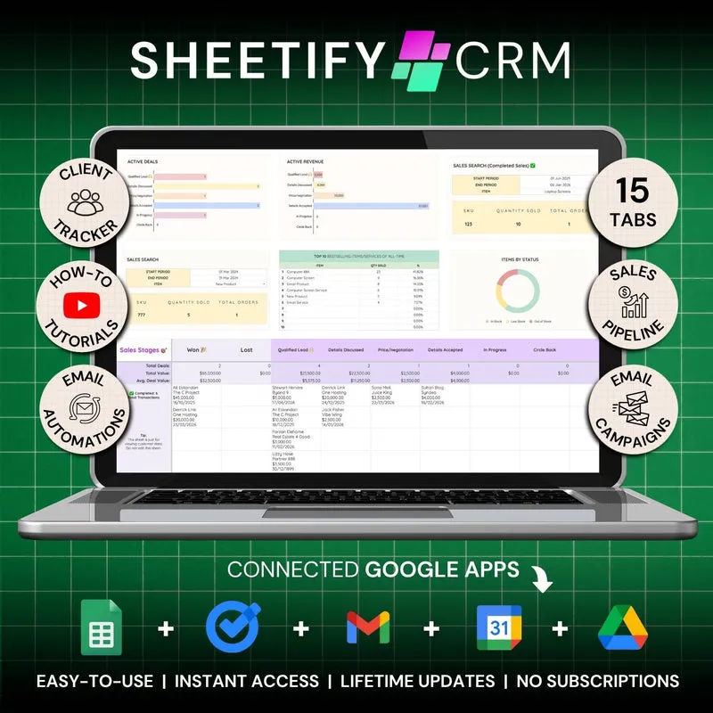 Sheetify CRM toolkit: 15 tabs connected to Google apps